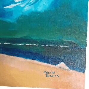 Original Cecile Tessier Oil Painting Blue Impressionist Coastal Seascape 16x12